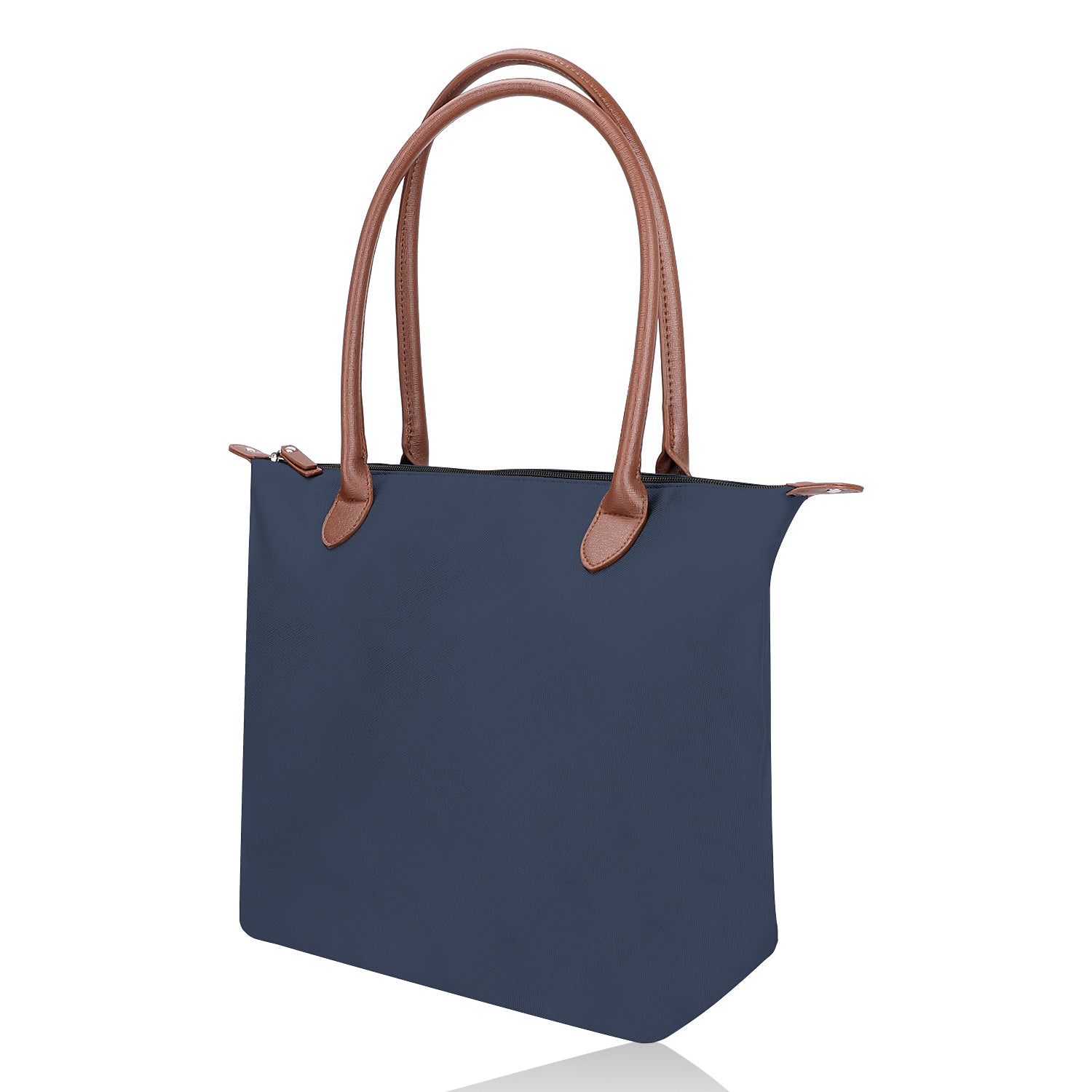 Women's Leather Tote Bags in Navy Blue with tan straps